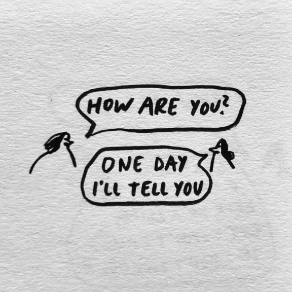 Hand-drawn speech bubble containing the text "HOW ARE YOU?" in black ink on white paper