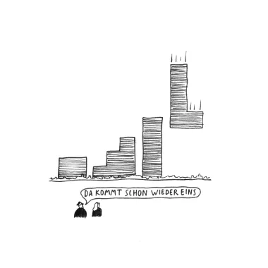 Two people in the front. Highrises in the background. Speech bubble above the people says "Another one coming".