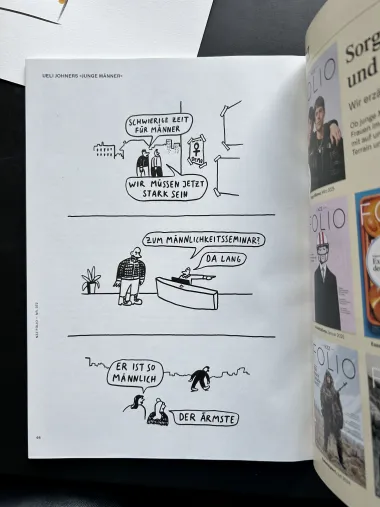 Photo a magazine spread showing 3 cartoons 